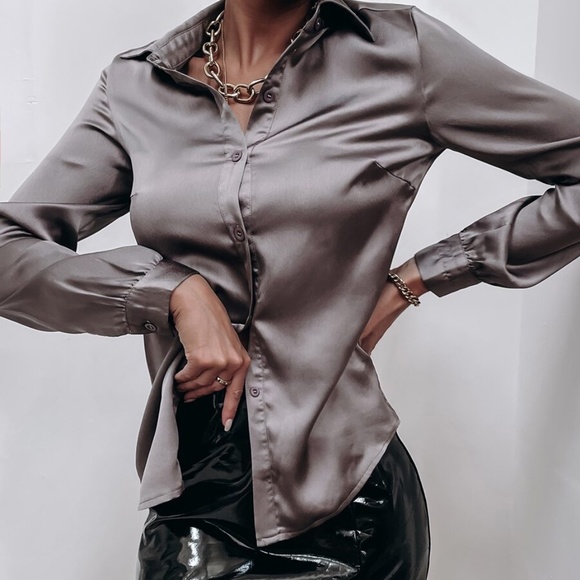 BellanBlue Satin Button Down Shirt - Bronze - Picture 12 of 12